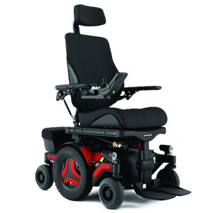 Permobil M3 Corpus powerchair product view. Red colour highlights