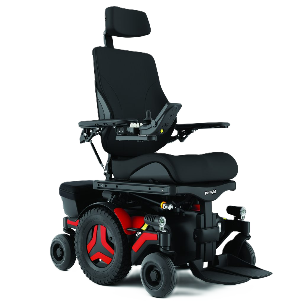 Permobil M3 Corpus powerchair product view. Red colour highlights