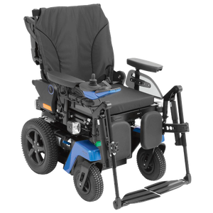 Isolated product view of the Ottobock Juvo B4 RWD powerchair featuring its modular black frame with a deep Marine Blue accent on the battery cover and wheel hubs. The powerchair is shown in its standard rear-wheel-drive configuration, designed for compact indoor and outdoor maneuverability, complete with a contoured black seat, adjustable armrests, and a joystick controller, isolated on a white background.