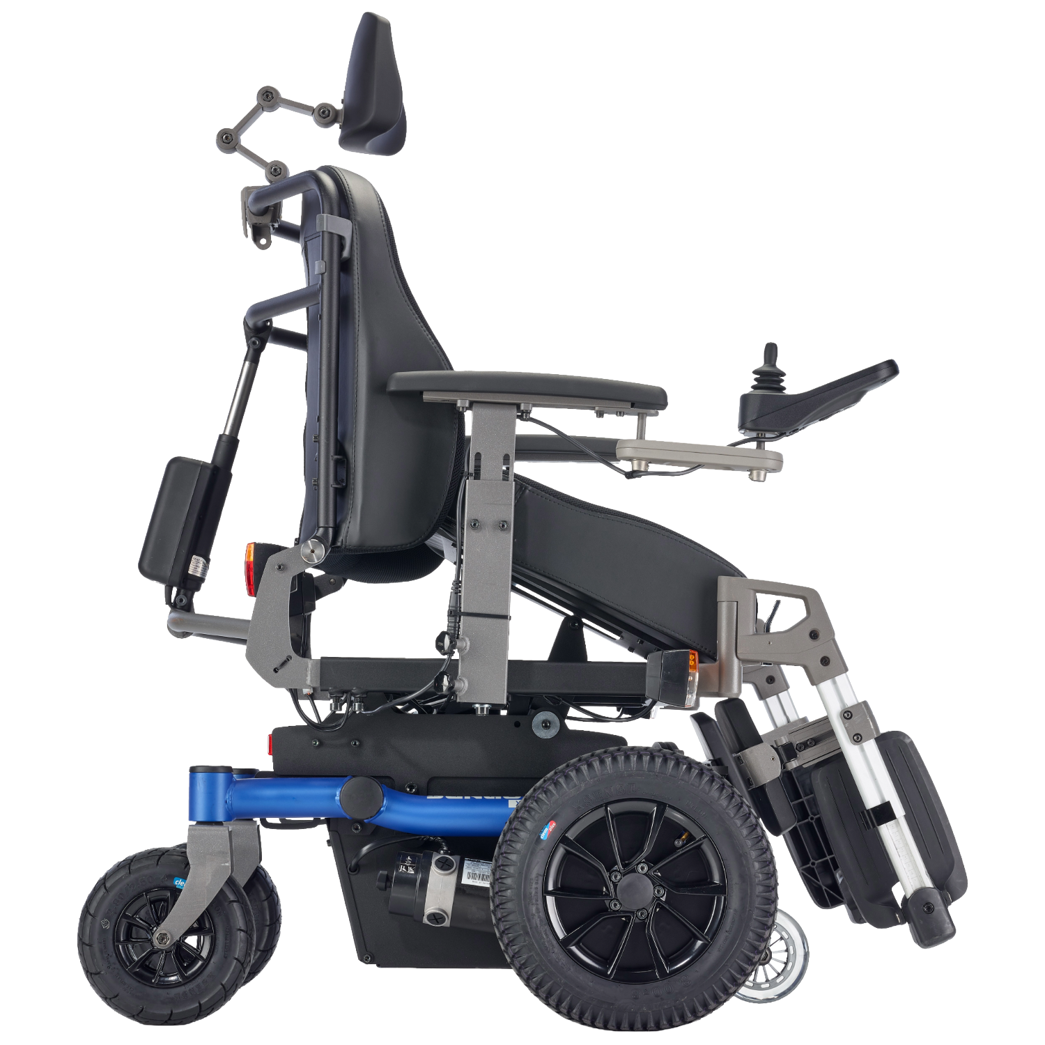 SANGO XXL Powerchair with catapult seat in blue trim - Side view