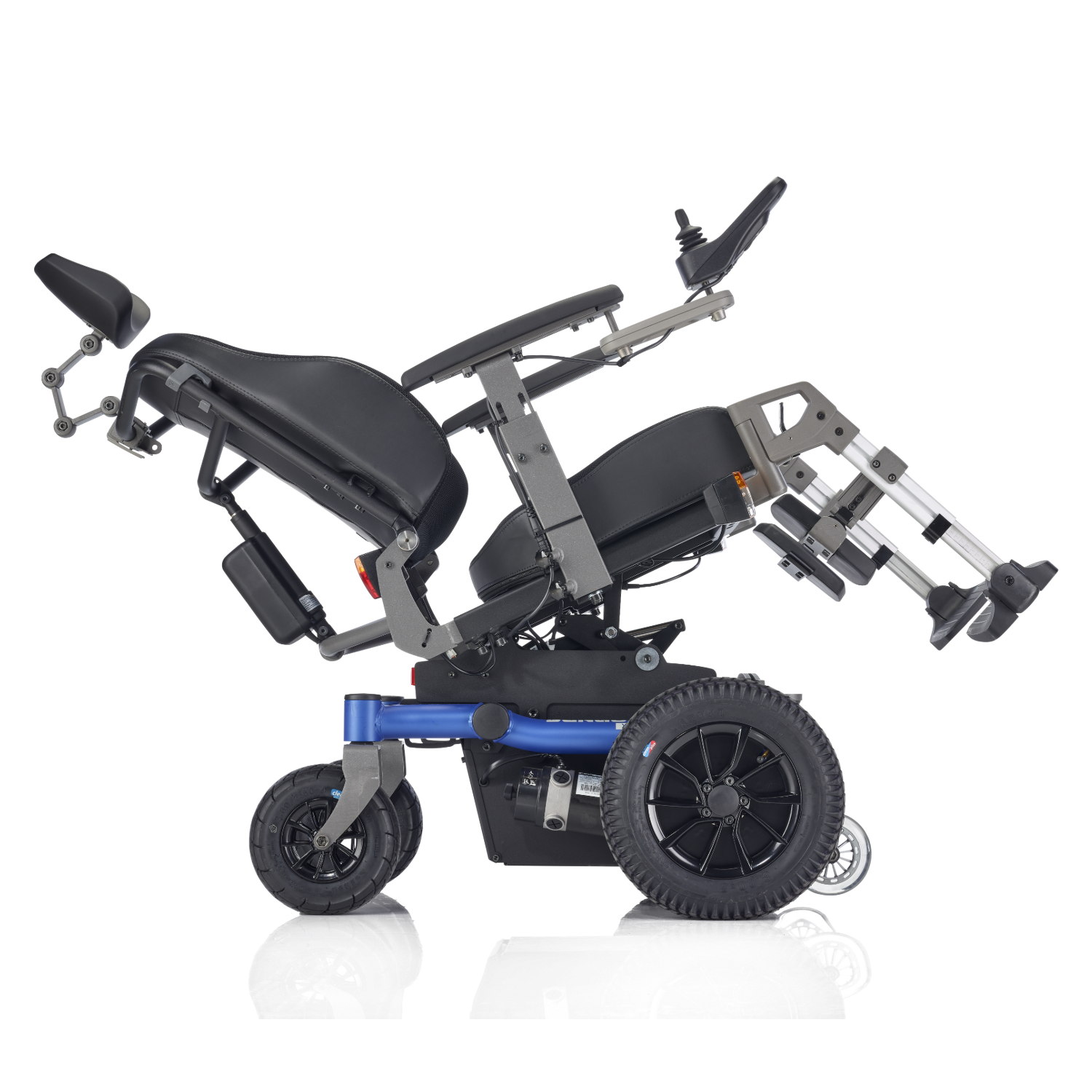 SANGO XXL Powerchair in blue trim with recline and tilt seat - Side view