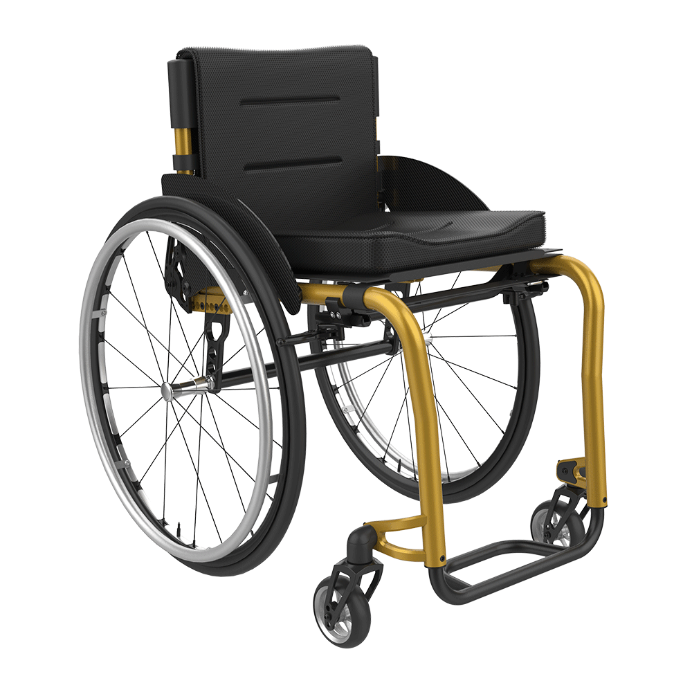 Isolated product view of the Rehasense ICON 60 rigid wheelchair, featuring a striking anodised Gold 7000-series aluminum frame. This active, lightweight wheelchair is designed for high performance with extensive adjustability, including a multi-position rear axle for center-of-gravity tuning, adjustable backrest angle, and height-adjustable footplates. It is shown with black upholstery, lightweight spoked rear wheels with black rims and tyres, and streamlined side guards, professionally isolated on a white background.