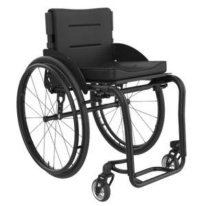 Rehasense ICON 60 active rigid wheelchair, presented in a clean three-quarter front view. The image highlights the chair's signature matte black 7000-series aluminum frame, showcasing the seamless integration of the rigid geometry with high-performance components. Key visible features include the carbon fiber side guards, the 24-inch performance rear wheels with black rims, and the vertical 90° front frame. This professional studio shot is designed to emphasize the chair's lightweight construction and sleek, modern design, isolated on a white background.