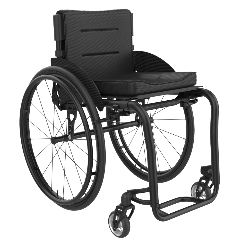 Rehasense ICON 60 active rigid wheelchair, presented in a clean three-quarter front view. The image highlights the chair's signature matte black 7000-series aluminum frame, showcasing the seamless integration of the rigid geometry with high-performance components. Key visible features include the carbon fiber side guards, the 24-inch performance rear wheels with black rims, and the vertical 90° front frame. This professional studio shot is designed to emphasize the chair's lightweight construction and sleek, modern design, isolated on a white background.