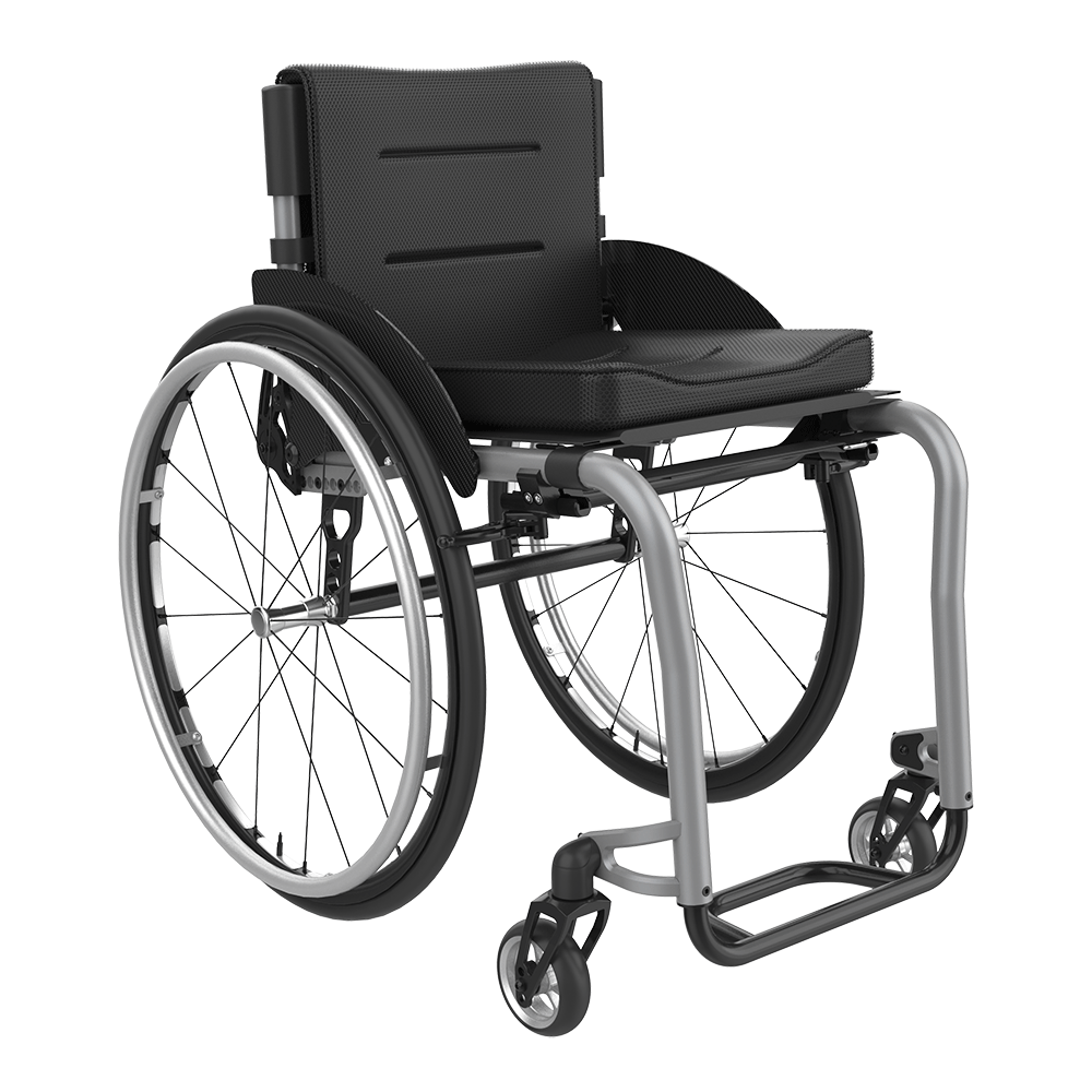 Isolated product view of the Rehasense ICON 60 rigid wheelchair, featuring a lightweight and durable silver (Brilliant Silver) 7000-series aluminum frame. This active wheelchair is designed for high performance and high adjustability, including a multi-position rear axle for center-of-gravity tuning, an adjustable backrest angle, and height-adjustable footplates. The chair is shown with black upholstery, lightweight spoked wheels with black tires, and sleek side guards, isolated on a white background.