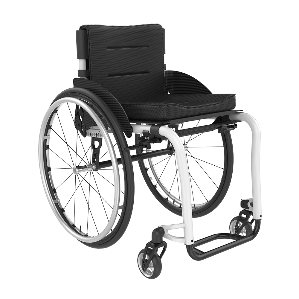 Isolated product view of the Rehasense ICON 60 rigid wheelchair, featuring a sleek White 7000-series aluminum frame. This high-performance active wheelchair combines a minimalist aesthetic with extreme adjustability, including a multi-position rear axle for center-of-gravity tuning and carbon fiber side guards for weight reduction. It is shown with black upholstery, high-pressure spoked rear wheels, and a height-adjustable footplate,