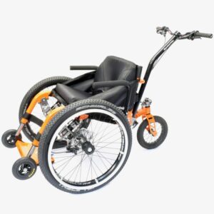 black and orange attendant chair with thick wheels