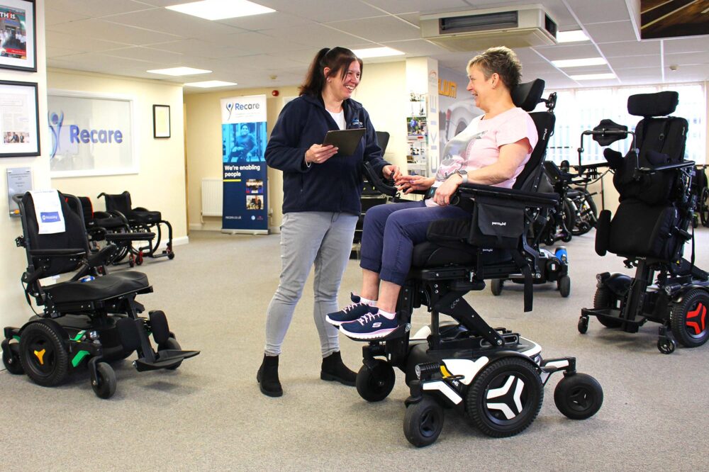 Assessment of powerchair in a wheelchair showroom
