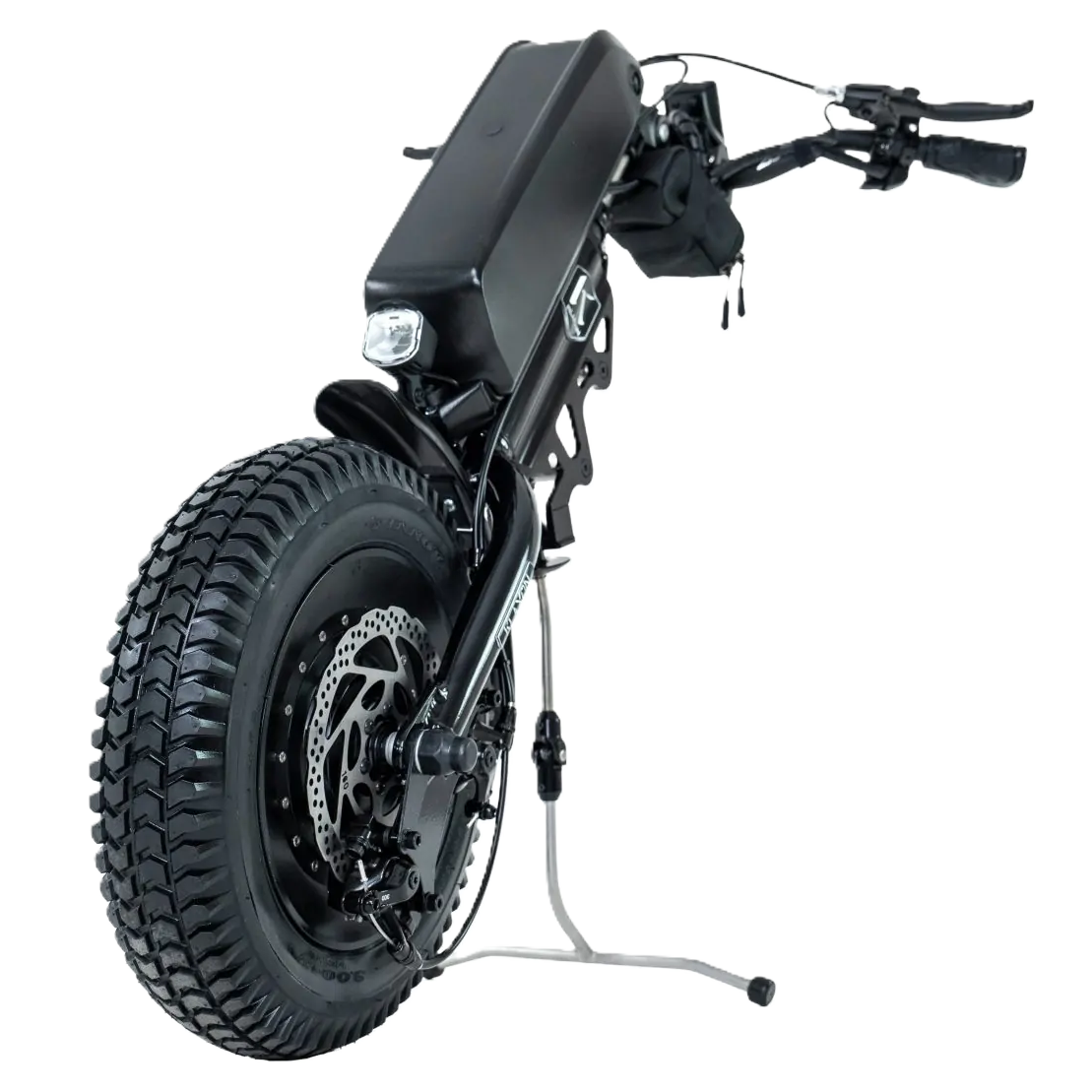 Front view of the Klaxon Klick Scrambler wheelchair power add-on, featuring a rugged off-road tire, integrated handlebar controls, and a high-performance disc brake system, isolated on a white background.