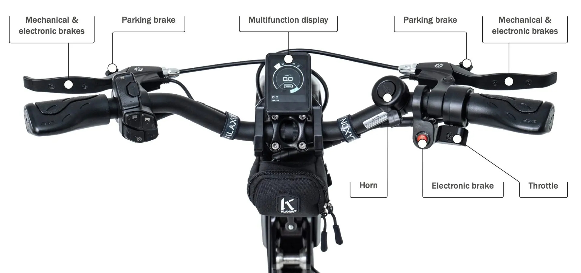 Close-up of the standard handlebars on a Klaxon Klick wheelchair handbike, showcasing the integrated features including the multifunction LCD display, ergonomic grips, brake levers, and easy-access throttle controls.