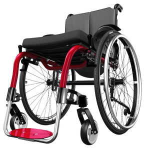Isolated product view of the Ottobock Ventus active rigid wheelchair in a striking red frame, showcasing its lightweight and minimalist design built for agility and independence, isolated on a white background.