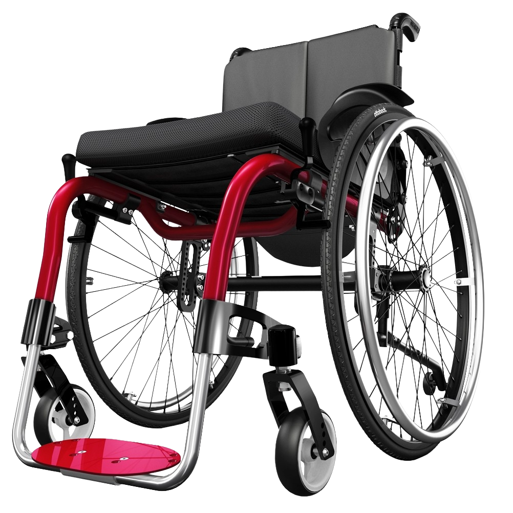 Isolated product view of the Ottobock Ventus active rigid wheelchair in a striking red frame, showcasing its lightweight and minimalist design built for agility and independence, isolated on a white background.