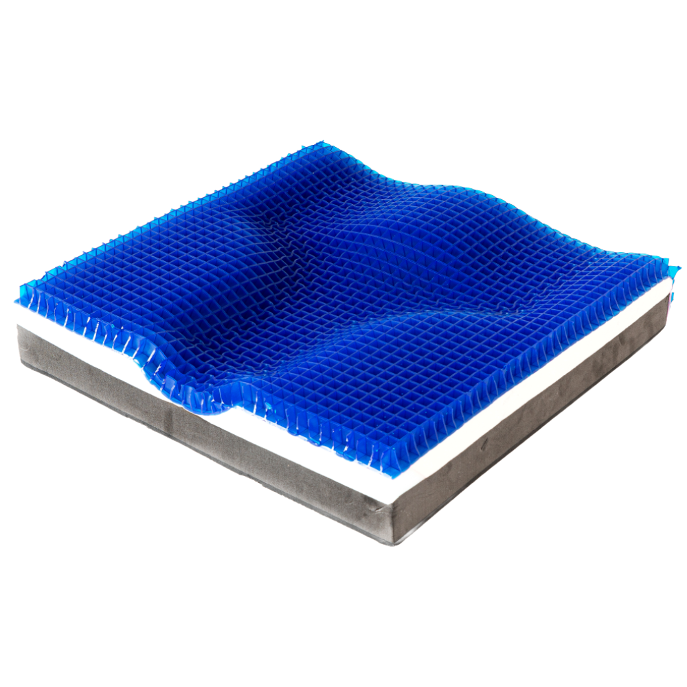 A high-resolution rear product view of the Blake Medical Geo-Matrix Hybrid Deep Low Profile cushion with no covers, isolated on a white background. This perspective highlights the recessed coccyx and sacral offloading well, designed to prevent peak pressure on the tailbone. The image clearly shows the 1-inch thick clear/white Geo-Matrix™ gel topper following the deep contours of the 2-inch multi-density foam base, emphasizing the high lateral (side) bolsters that provide pelvic stability and prevent leaning in a streamlined 3-inch total profile.
