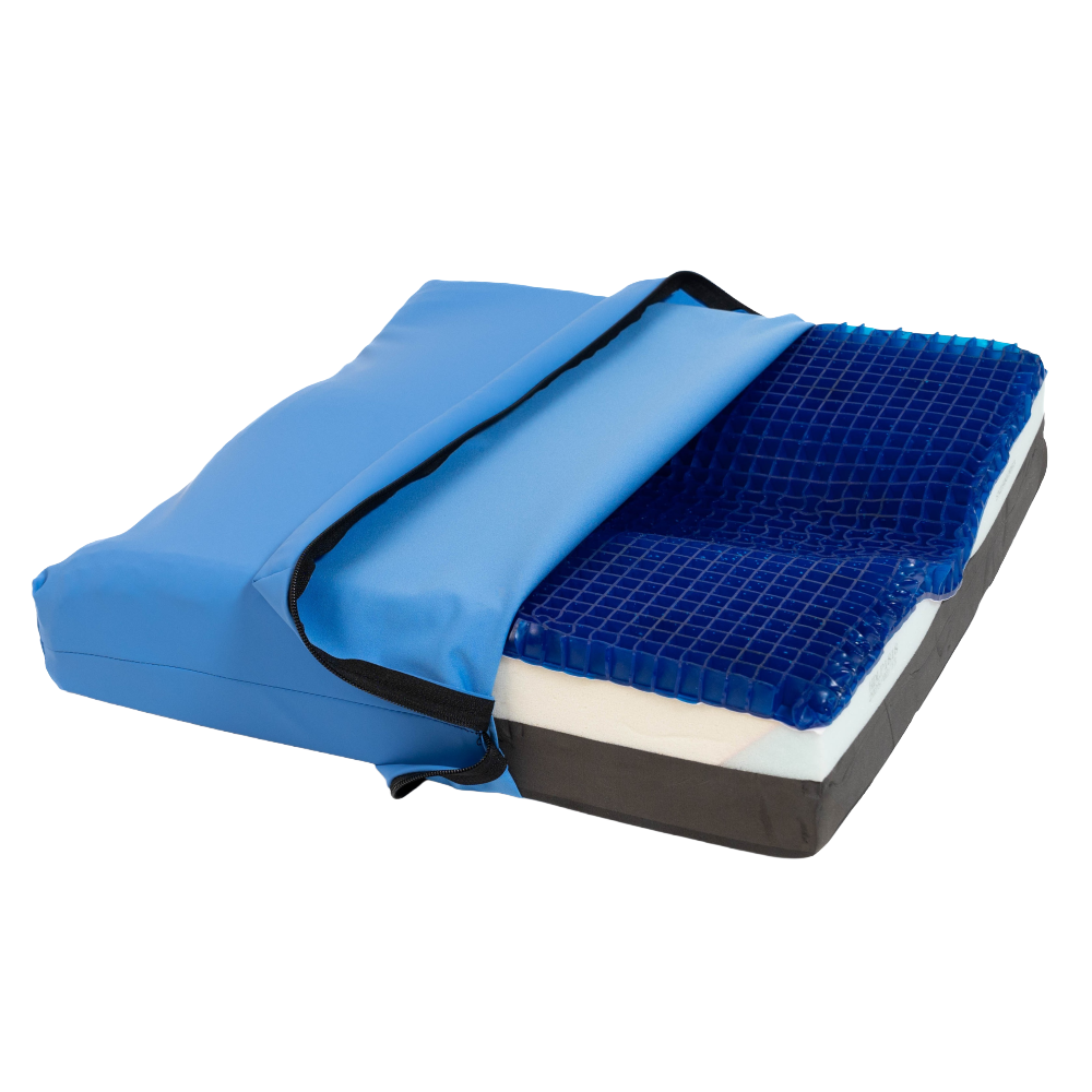 A studio product image of the Blake Medical Geo-Matrix Hybrid Deep Low Profile cushion with its inner moisture-proof cover partially retracted. This view reveals the signature 1" thick Geo-Matrix™ dry-polymer gel topper and the underlying 2" contoured foam base. The image highlights the reduced 3" overall height compared to the standard "Deep" model, demonstrating the balance between advanced pressure-relieving gel and a lower-profile foam core for easier transfers, isolated on a white background.