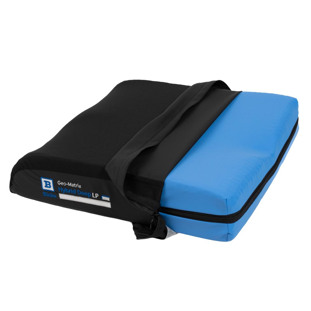 A high-resolution studio image of the Blake Medical Geo-Matrix Hybrid Deep Low Profile cushion with the outer cover partially removed. This view reveals the internal layering: the clear/white 1" Geo-Matrix™ gel topper sits on top of the 2" multi-density contoured foam base. The outer cover is shown as a soft-touch, 4-way stretch fabric designed to reduce surface tension and allow for maximum immersion into the gel grid, all professionally isolated on a white background.