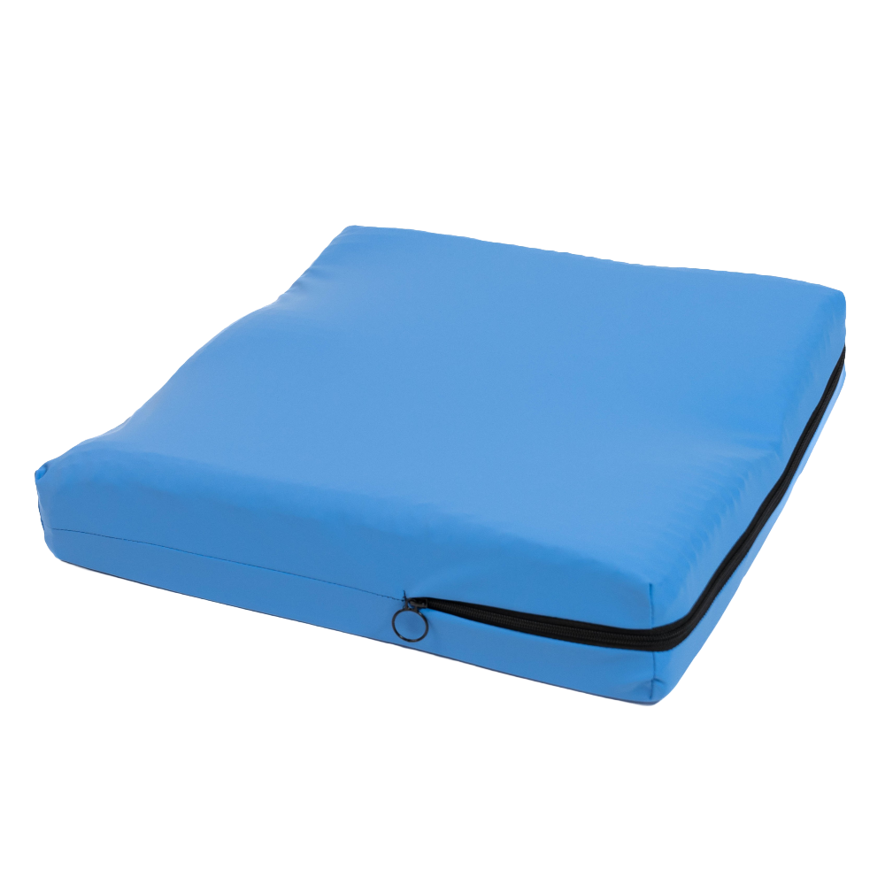 A studio product image of the Blake Medical Geo-Matrix Hybrid Deep Low Profile cushion shown with its inner moisture-proof cover. This model combines the high-stability foam base of the "Deep" series with a reduced overall height for users who require advanced pressure relief but need a lower seat-to-floor height or easier transfers. The image highlights the sleek, fluid-proof, and antimicrobial inner barrier that protects the internal Geo-Matrix™ gel and foam components while maintaining a slim, unobtrusive profile, isolated on a white background.