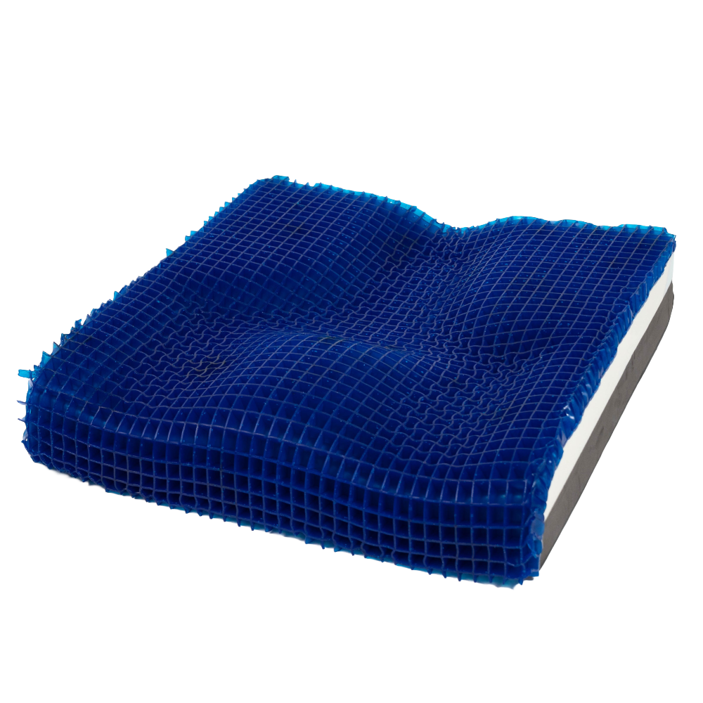A top-down product view of the Blake Medical Geo-Matrix Hybrid Deep Low Profile cushion with no covers, showcasing the full expanse of the 1" thick "Pillow Top" gel layer. The image highlights the signature grid-like structure of the clear/white dry-polymer gel, which covers the entire surface of the contoured foam base. This perspective emphasizes the deep pelvic "well" at the rear and the defined leg troughs at the front, illustrating how the gel grid is designed to buckle and conform to the user's anatomy for maximum pressure redistribution, isolated on a white background.