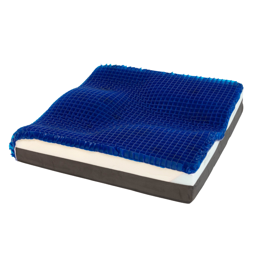 A detailed product view of the Blake Medical Geo-Matrix "Pillow Top" gel layer, illustrating its unique "cushion-within-a-cushion" design. The image highlights the 1" thick dry-polymer gel topper that is physically separate from the foam base, allowing it to move and "shear" independently. The "Pillow Top" construction is visible as a distinct, plush-looking layer that provides immediate immersion and a "zero-pressure" feel for the user's skin, isolated on a white background.
