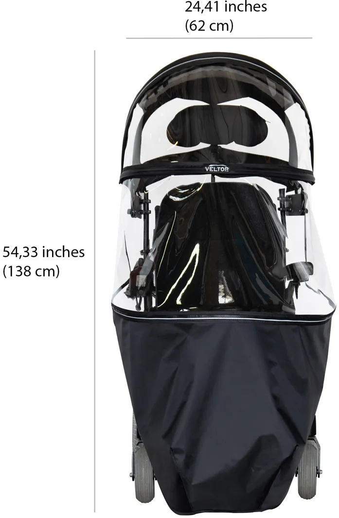 A technical front-view diagram of the fully enclosed Veltop Cosy 3 system. It indicates a total width of 24.41 inches (62 cm) and a total height of 54.33 inches (138 cm), illustrating the slim profile of the protection system relative to the wheelchair's width.