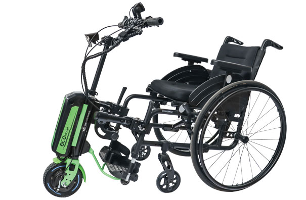 Rehasense ECO Travel LX electric handbike securely docked to a manual wheelchair, side view on white background.