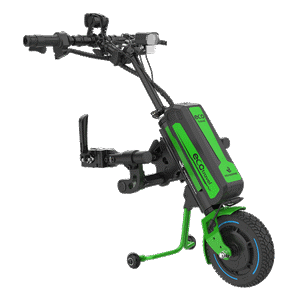Rehasense PAWS ECO Travel LX electric power add-on for wheelchairs in lime green, front-right angle.