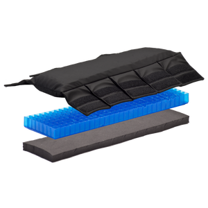 Isolated product view of the Geo-Matrix Armrest Pad by Blake Medical, featuring a pair of gel-padded armrests with antimicrobial, moisture-proof covers and multiple Velcro straps for secure attachment to a wheelchair, designed to reduce pressure and friction on the forearms and elbows, isolated on a white background.