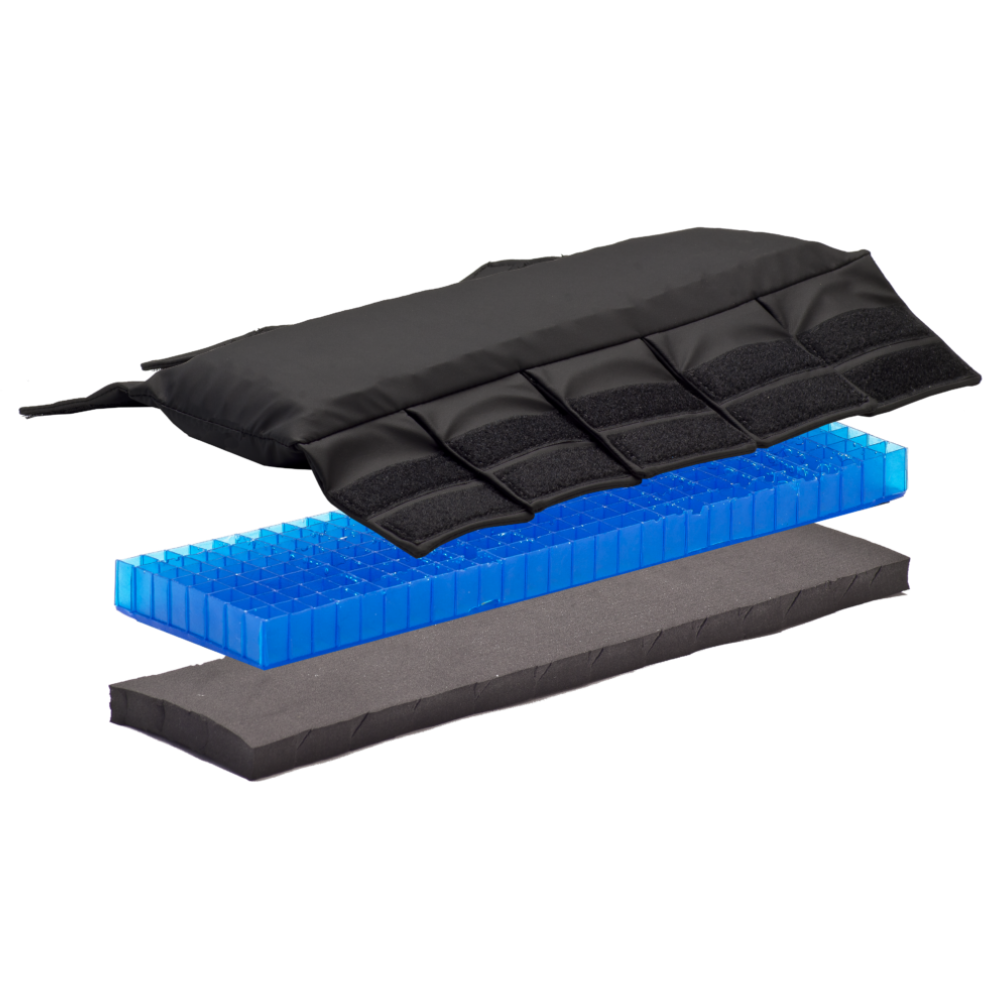 Isolated product view of the Geo-Matrix Armrest Pad by Blake Medical, featuring a pair of gel-padded armrests with antimicrobial, moisture-proof covers and multiple Velcro straps for secure attachment to a wheelchair, designed to reduce pressure and friction on the forearms and elbows, isolated on a white background.