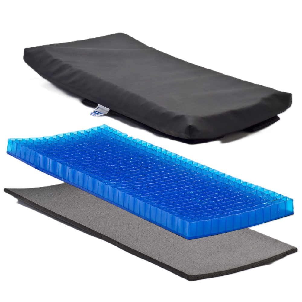Isolated product view of the Geo-Matrix Calf Panel Pad by Blake Medical, a specialized wheelchair accessory featuring a cushioned pad with Geo-Matrix gel material to provide advanced pressure redistribution and protect the user’s calves from friction and shear against the calf panel, featuring a durable black cover and integrated straps for secure attachment, isolated on a white background.