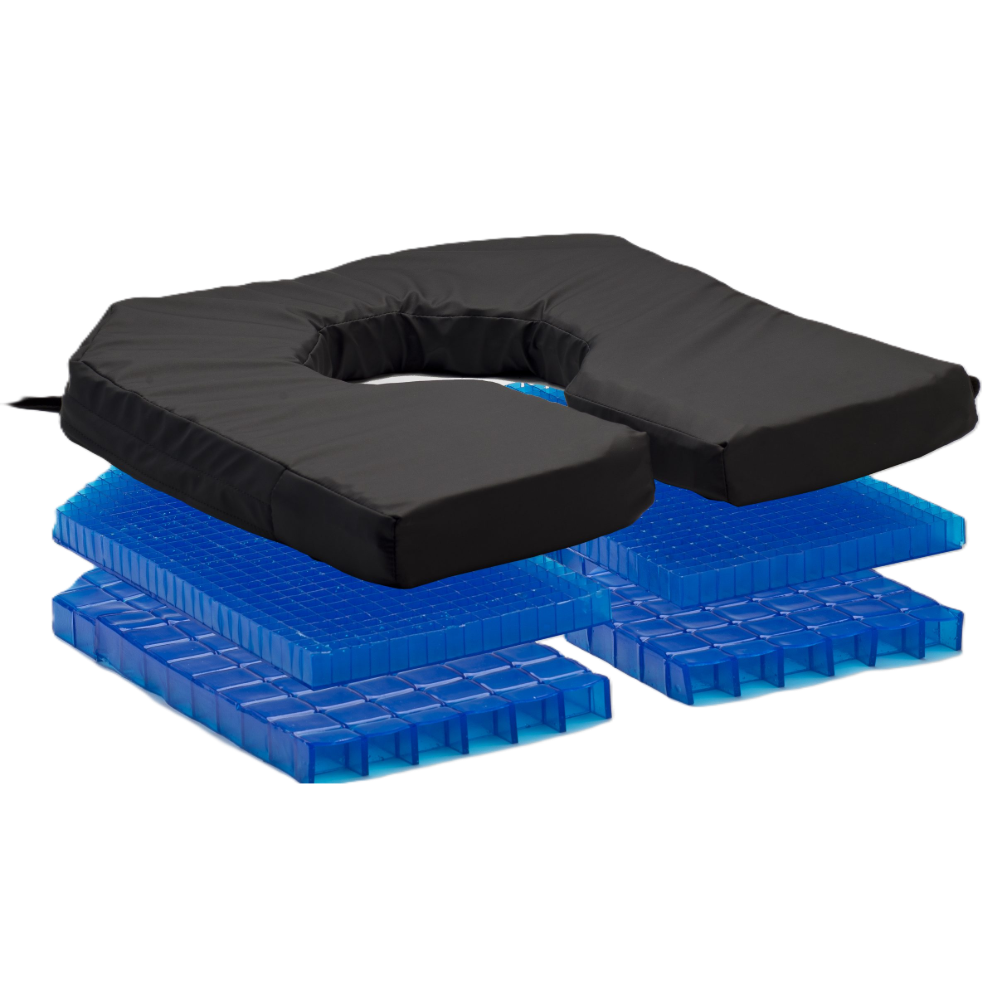 Isolated product view of the Geo-Matrix Commode Pad by Blake Medical, featuring a specialized two-layer gel design (Blue gel and Pillow Top) encased in a fluid-proof, anti-microbial black cover, specifically engineered to provide pressure redistribution and shear reduction for users on commode chairs, isolated on a white background.