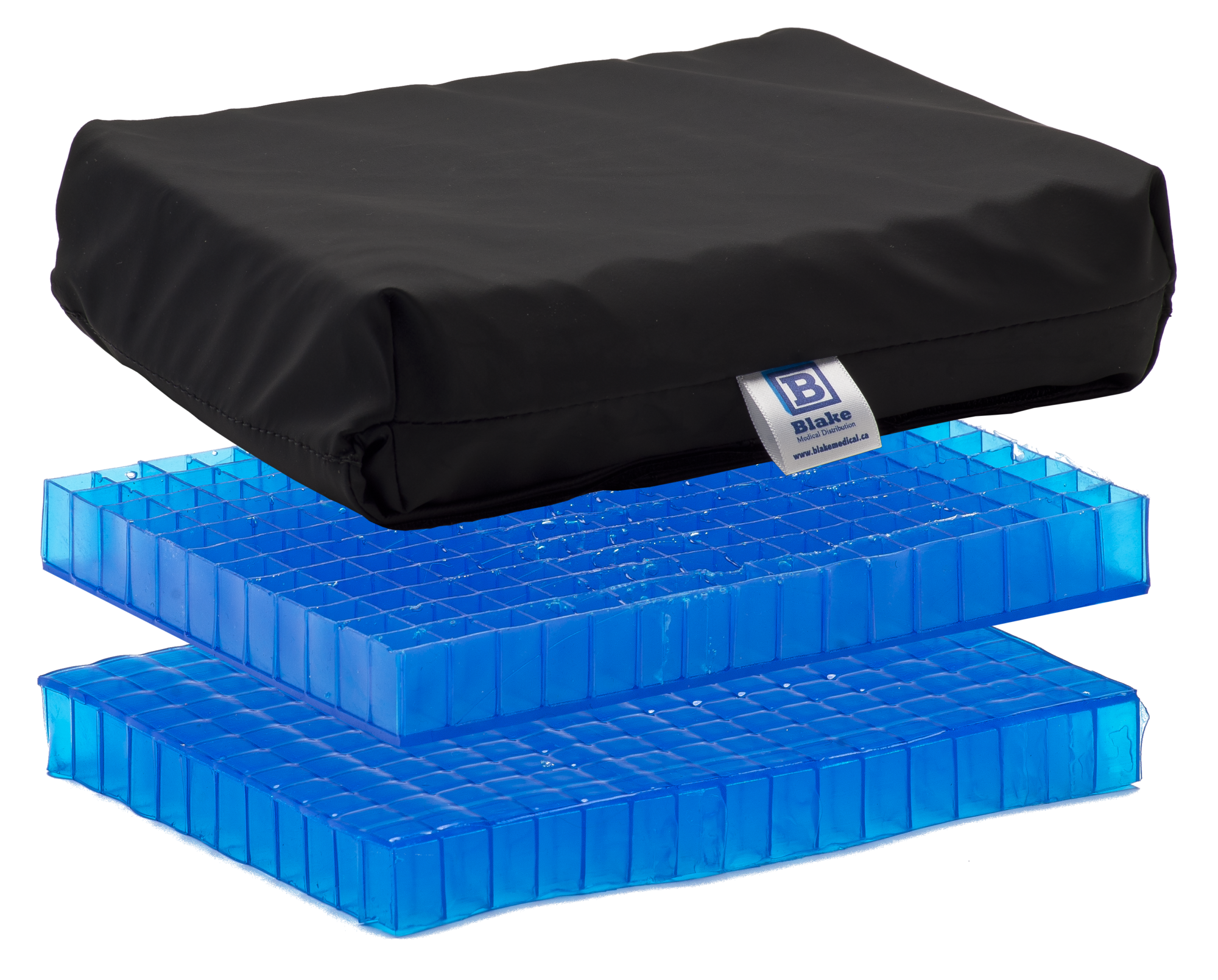 Isolated product view of the Geo-Matrix Footplate Pad by Blake Medical, featuring a black, cushioned pad with a cascading front edge designed to protect the user's heels and feet from pressure and friction while on a wheelchair footplate, isolated on a white background.