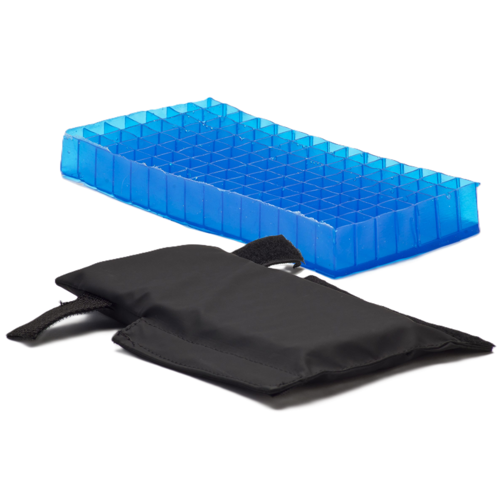 Isolated product view of the Geo-Matrix Hanger Pad by Blake Medical, a specialized wheelchair accessory designed to wrap around the legrest hangers to provide gel-infused pressure protection and comfort for the user's lower limbs, isolated on a white background.