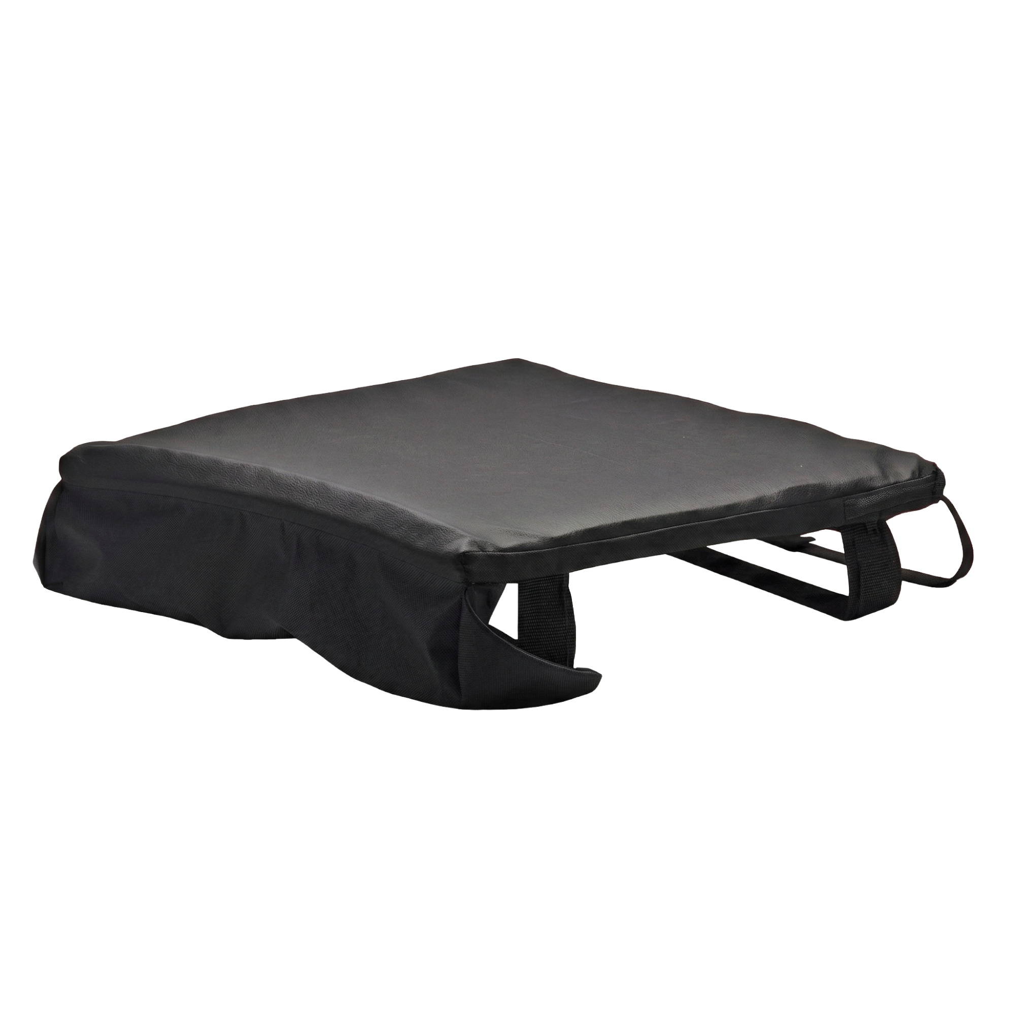Isolated product view of the Geo-Matrix Lift Chair Pad by Blake Medical, a specialized gel-infused pad designed for lift-and-recline chairs to provide advanced pressure redistribution and protection against friction and shear for the user's seat or legrest (ottoman), featuring a durable black fluid-proof cover and integrated Velcro straps for secure attachment, isolated on a white background.