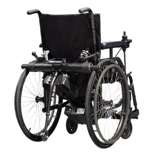 Rear-view product hero shot of the Light Drive 3 XL power add-on attached to a manual wheelchair, isolated on a plain background.