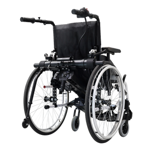 Rear view of a manual wheelchair equipped with the Light Assist 3 power add-on drive unit and mounting hardware, isolated on a white background.