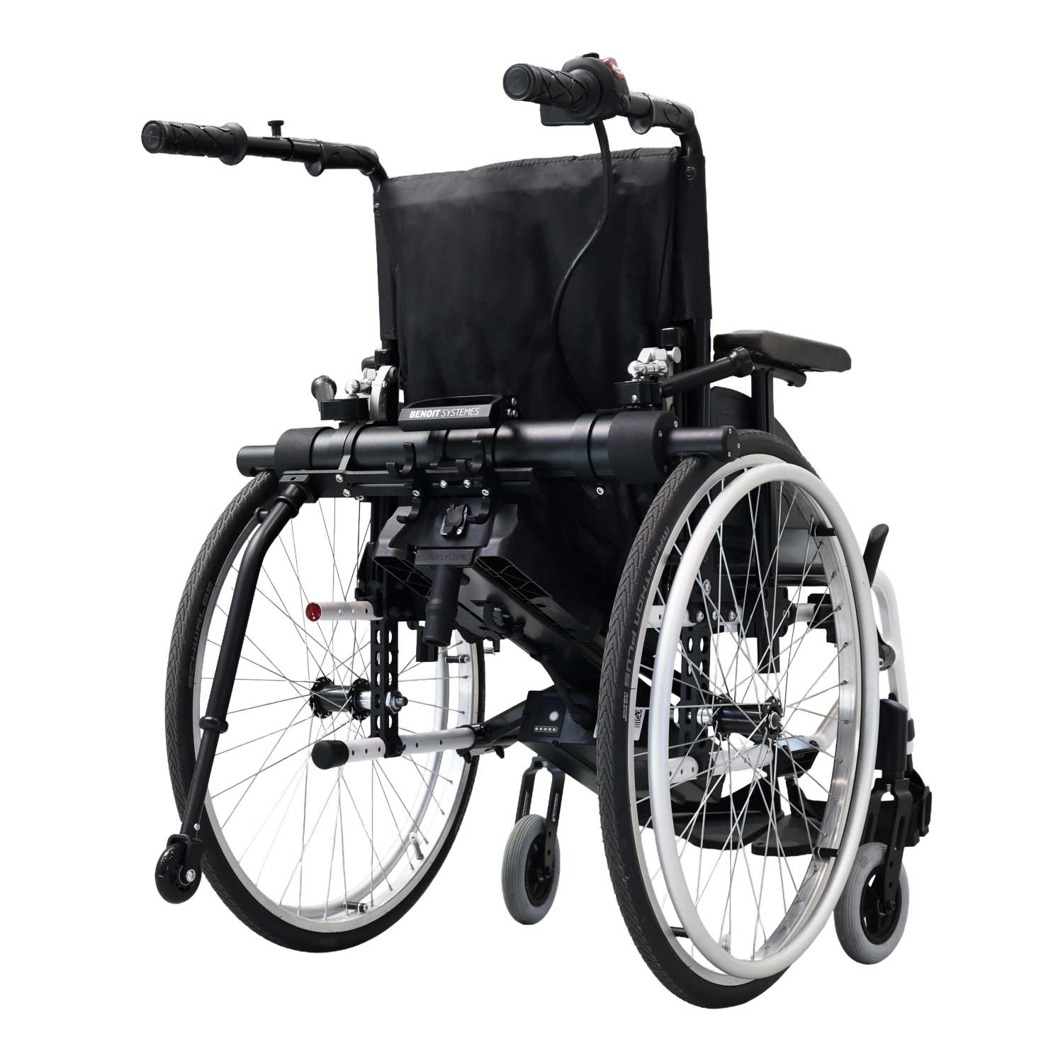 Rear view of a manual wheelchair equipped with the Light Assist 3 power add-on drive unit and mounting hardware, isolated on a white background.