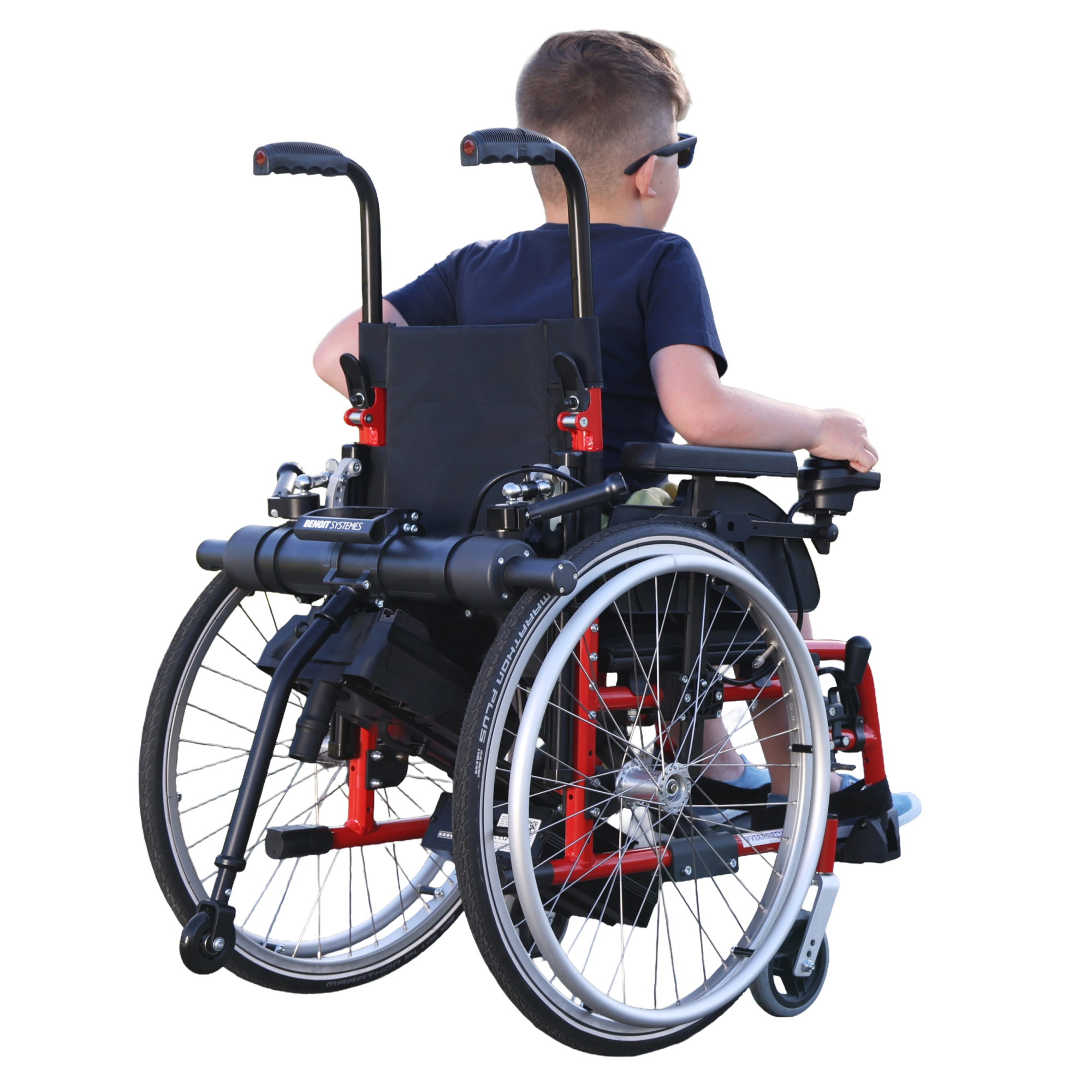 Benoit Systèmes Light Drive Mini 3 pediatric power add-on attached to a child's red manual wheelchair, isolated without background.