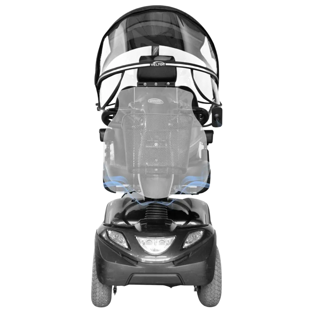 Front view of a mobility scooter with the wide transparent front shield of the Veltop Comfort Mobil-C canopy