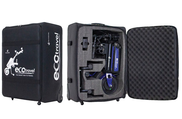 Padded Rehasense Smart Travel Case showing the ECO Travel LX handbike folded and packed for airline travel.
