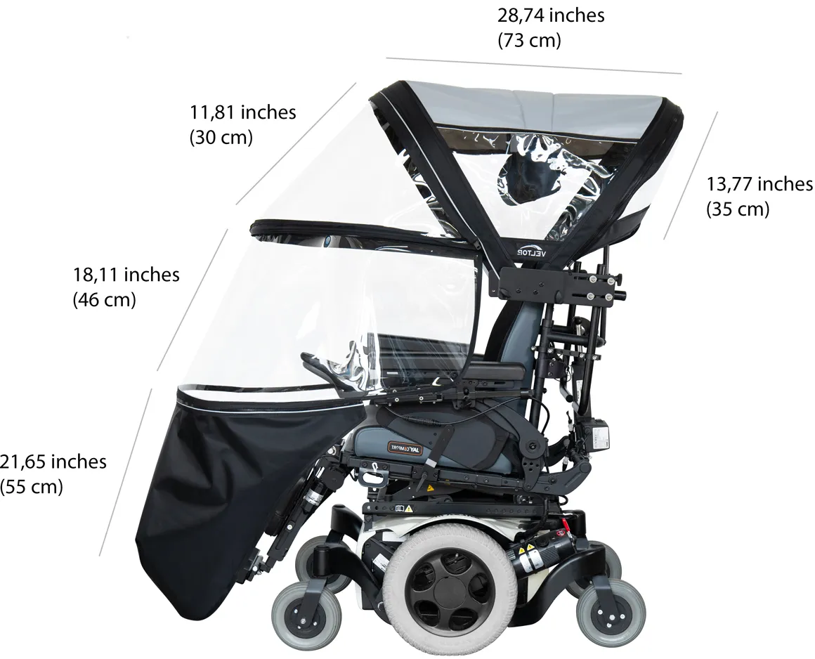 A technical side-view diagram of the Veltop Cosy 3 installed on a power wheelchair, with specific measurements labeled. Dimensions include a 28.74 inch (73 cm) top length, a 13.77 inch (35 cm) rear height, a 11.81 inch (30 cm) upper windshield, a 18.11 inch (46 cm) middle window, and a 21.65 inch (55 cm) lower apron.