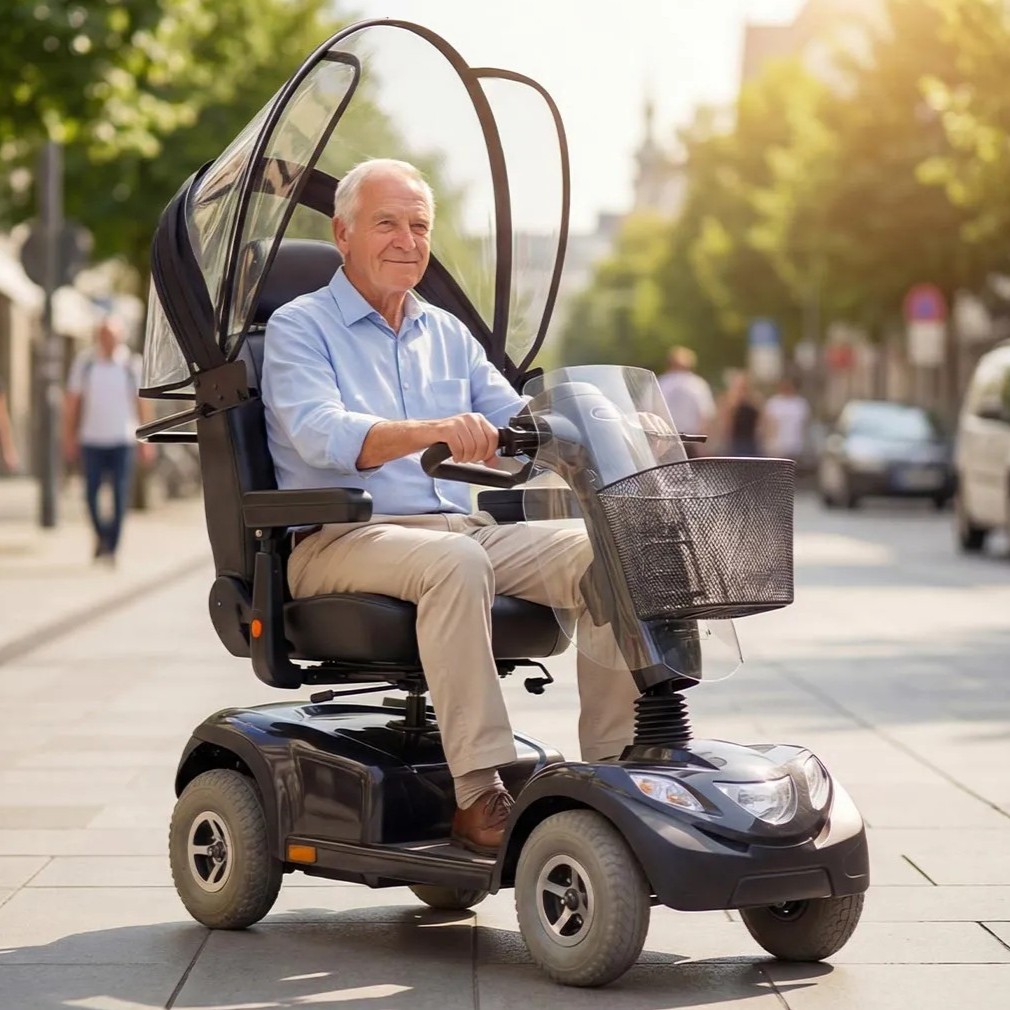 A man on a mobility scooter using the transparent Veltop Comfort Mobil-A Sun Canopy