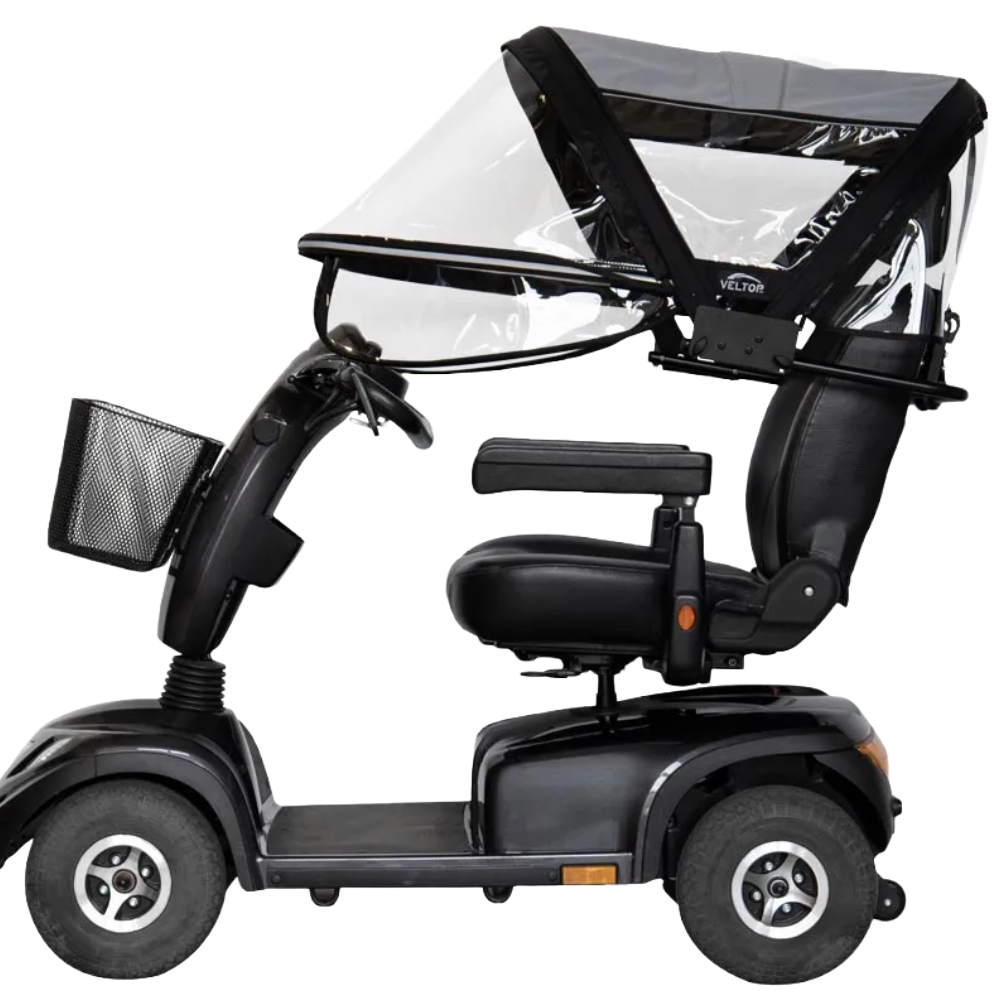 Side view of a black mobility scooter fitted with the Veltop Comfort Mobil-B canopy