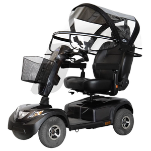 Black mobility scooter with Veltop Comfort Mobil-C canopy – three-quarter view showing grey roof and large clear front shield