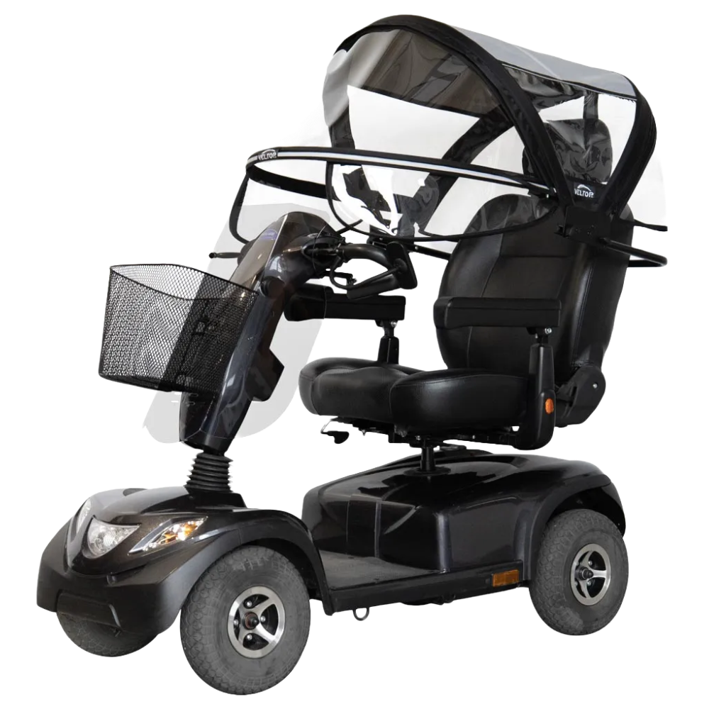 Black mobility scooter with Veltop Comfort Mobil-C canopy – three-quarter view showing grey roof and large clear front shield