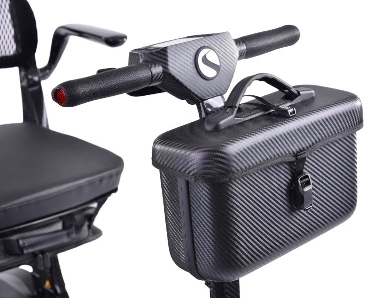 Close-up of a hard-shell front storage basket with a carbon fiber weave pattern, mounted to the tiller controls of the S50 Carbon scooter.