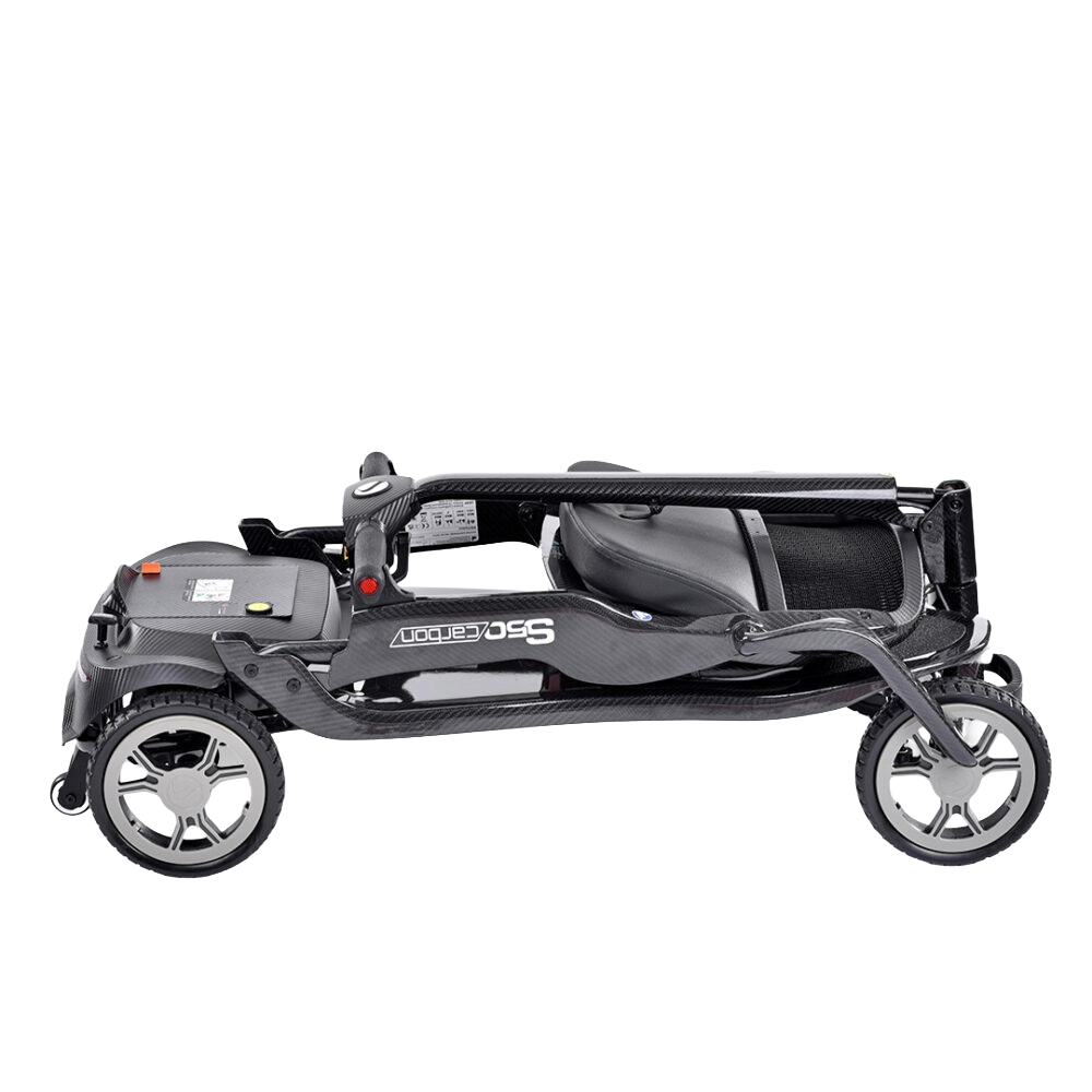 The Sterling S50 Carbon mobility scooter shown fully folded, highlighting its flat and compact profile for easy storage