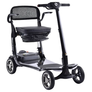 A three-quarter front view of the Sunrise Medical S50 Carbon mobility scooter in a black carbon fiber finish, featuring a padded seat, mesh backrest, and modern four-wheel design.