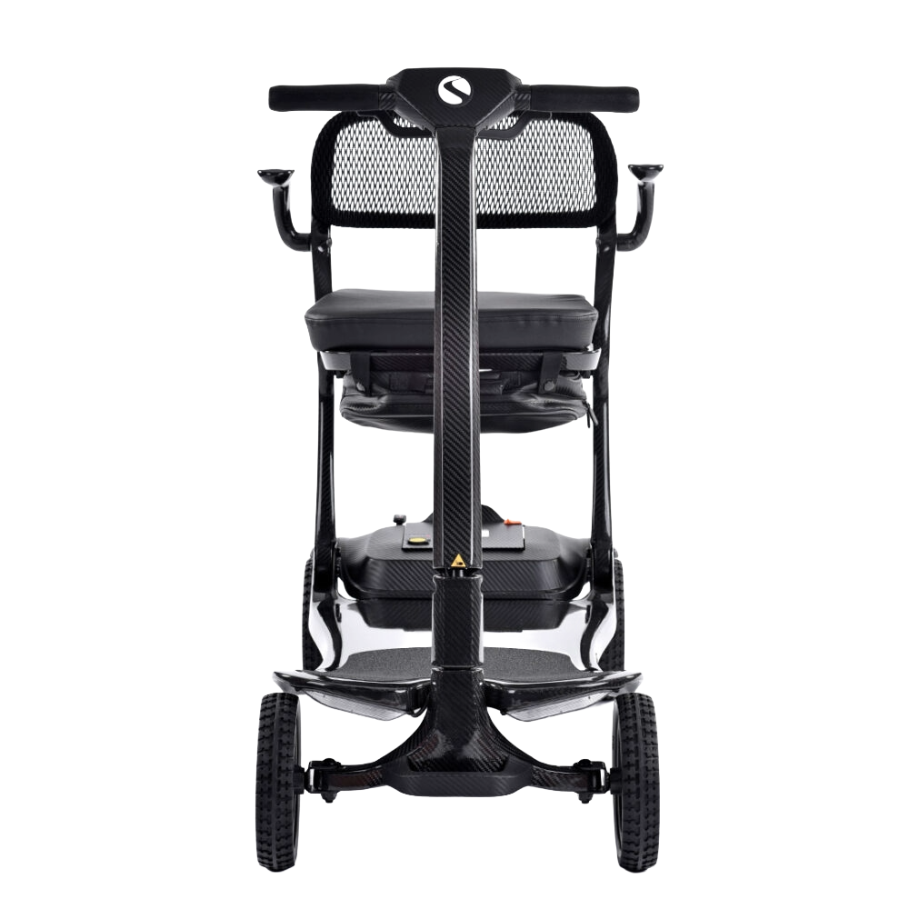 A direct front-facing view of the S50 Carbon mobility scooter, emphasising its slim width and symmetrical design, for navigating narrow indoor aisles.