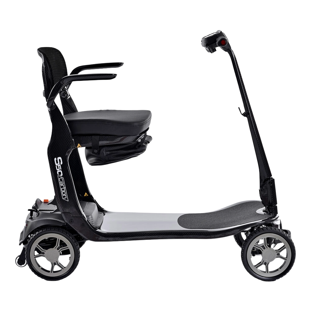 A side profile view of the S50 Carbon scooter with minimalist frame and ergonomic armrests, and an under-seat storage bag.