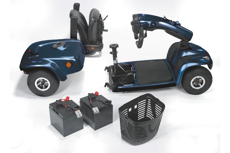 Leo mobility scooter broken apart showing product sections