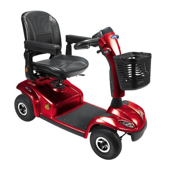 Leo mobility scooter with basket shown in red